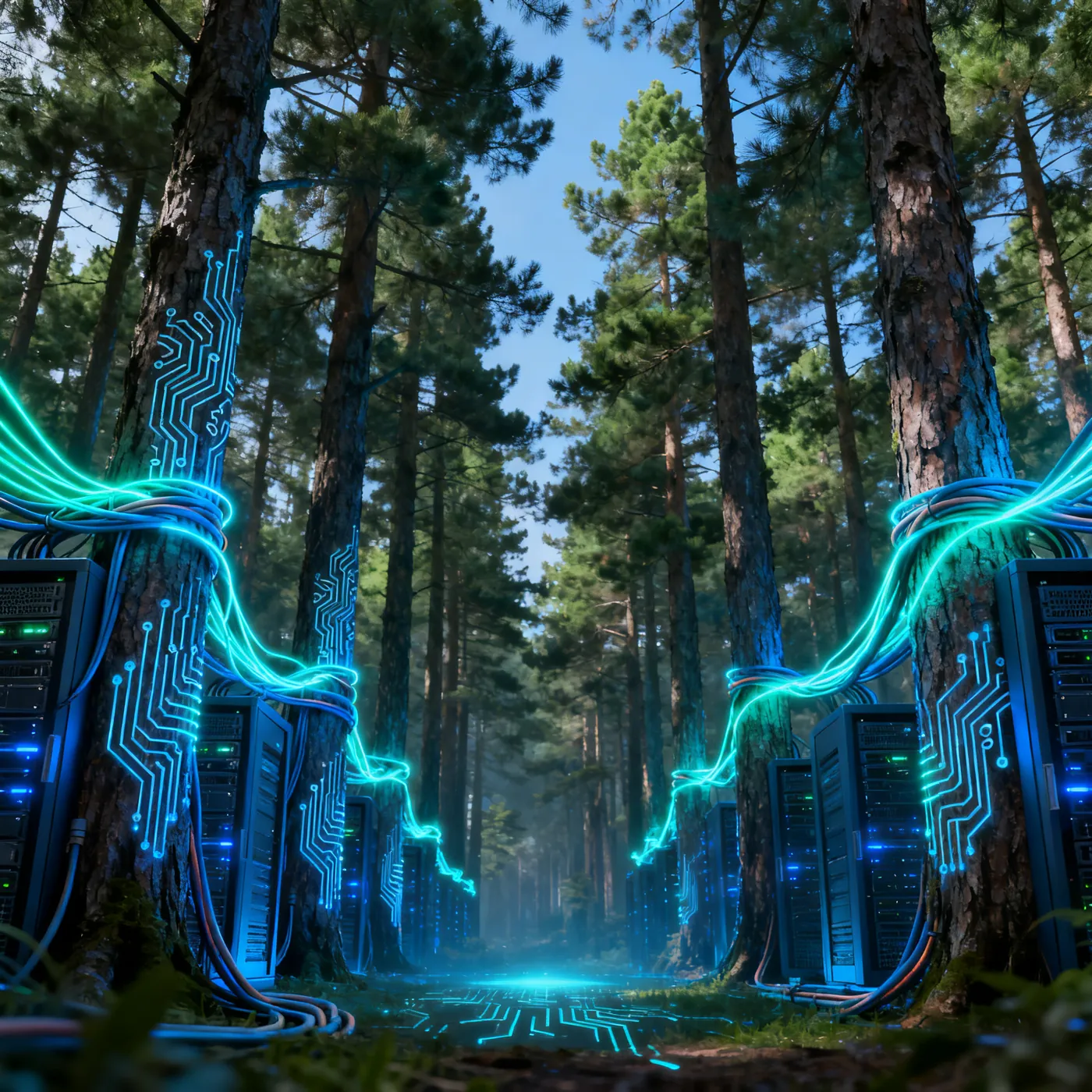Infraestrutura digital conectando floresta, dados e operação técnica