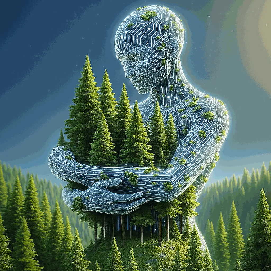 Figura tecnológica integrada à floresta com linguagem visual de inteligência artificial